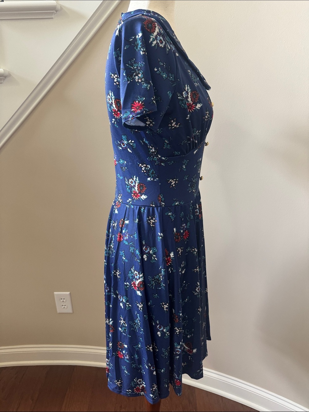 Weissman Navy Blue Floral Midi Dress with Red & White Accents - Picture 4 of 8